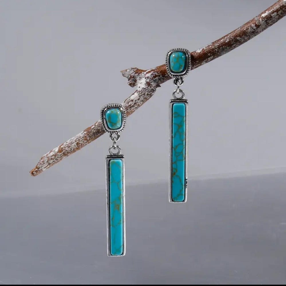Vintage Blue Stone Long Geometric Drop Dangle Silver Plated Boho,Ethnic Earrings